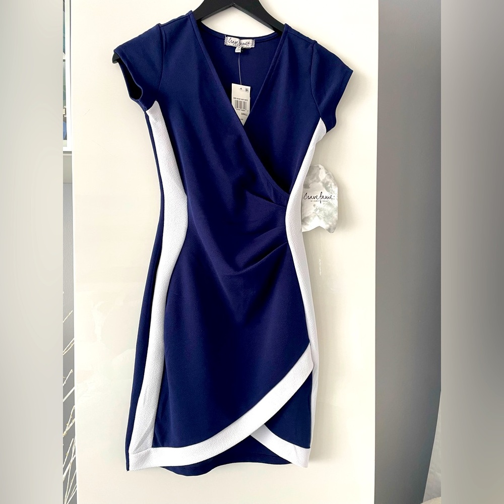 Crave Fame Blue and White Asymmetrical Wrap Dress
